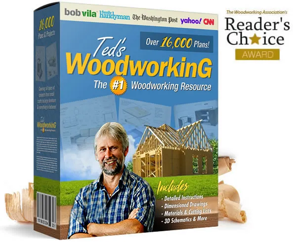 Carpenter in workshop using laptop to view Ted’s Woodworking blueprints