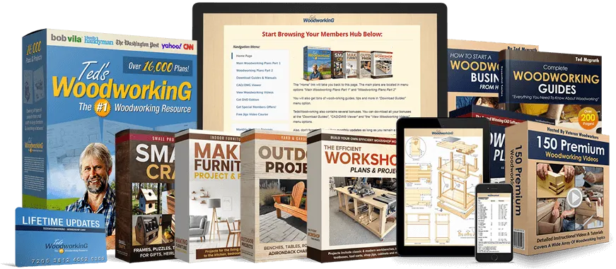 Sample pages from Ted’s woodworking plans showing diagrams and cut lists